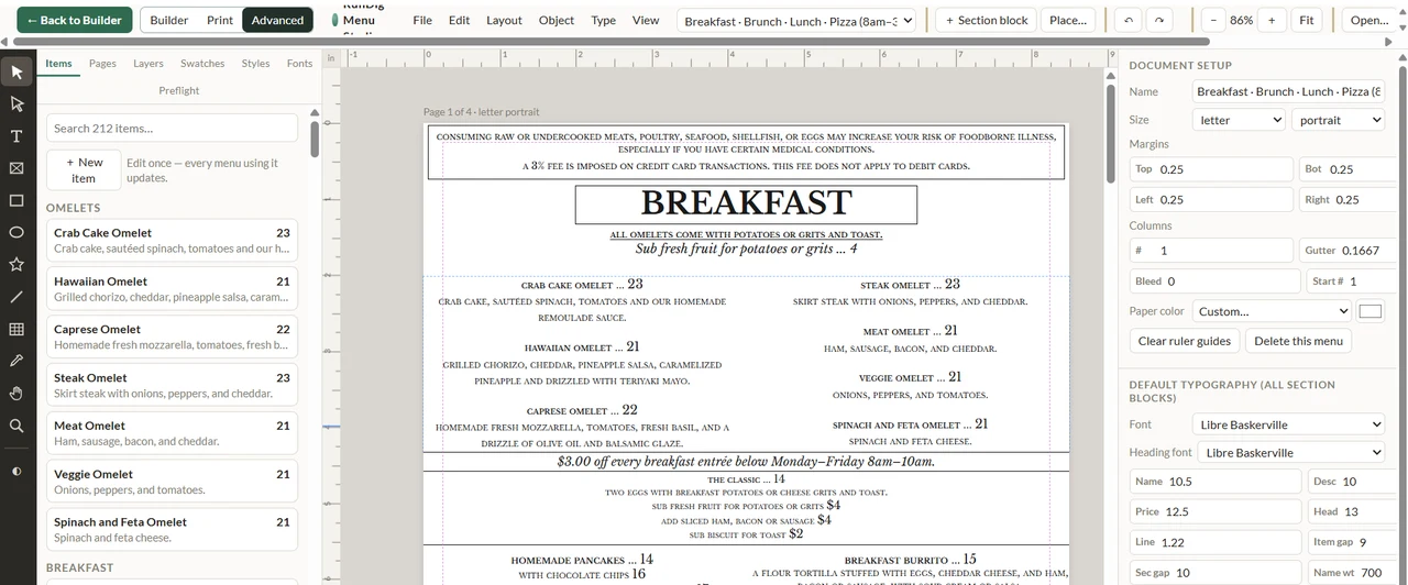 The advanced layout editor with margins, columns and typography settings