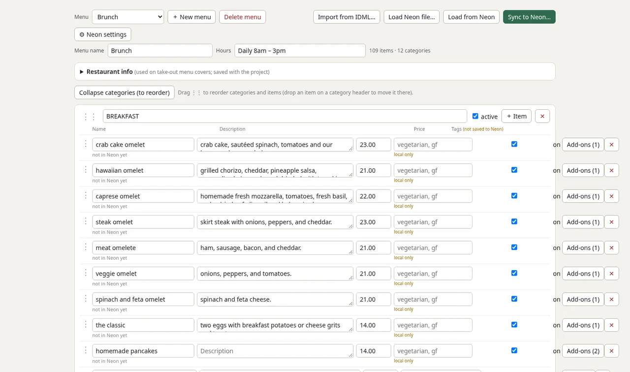 The Menu Builder tab in The RunDig Menu Studio, with a brunch menu's items, descriptions and prices