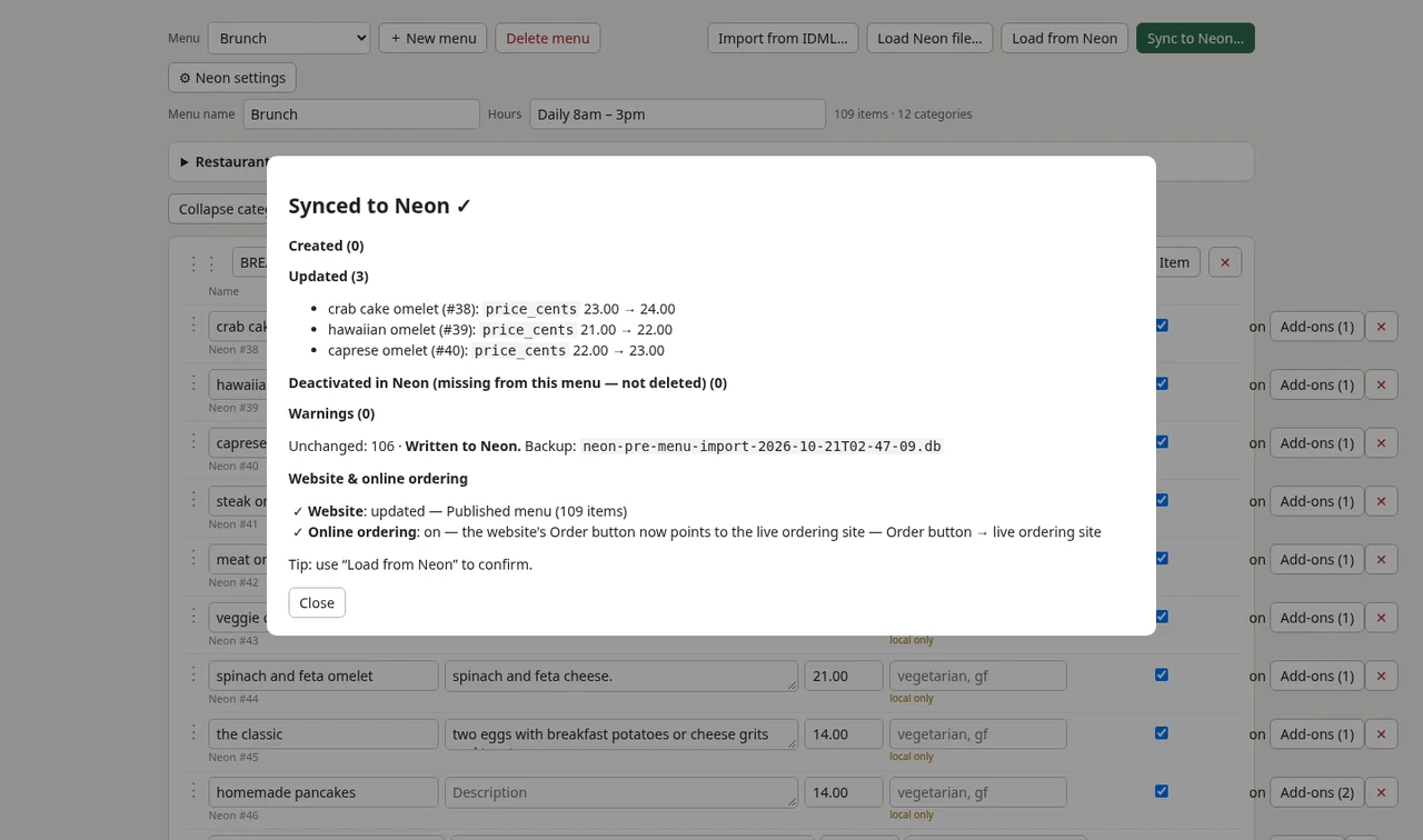 Sync complete: Neon updated, the website menu published and online ordering on