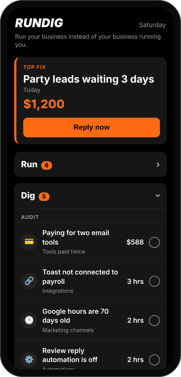 RunDig app showing the top fix and a short list of more fixes